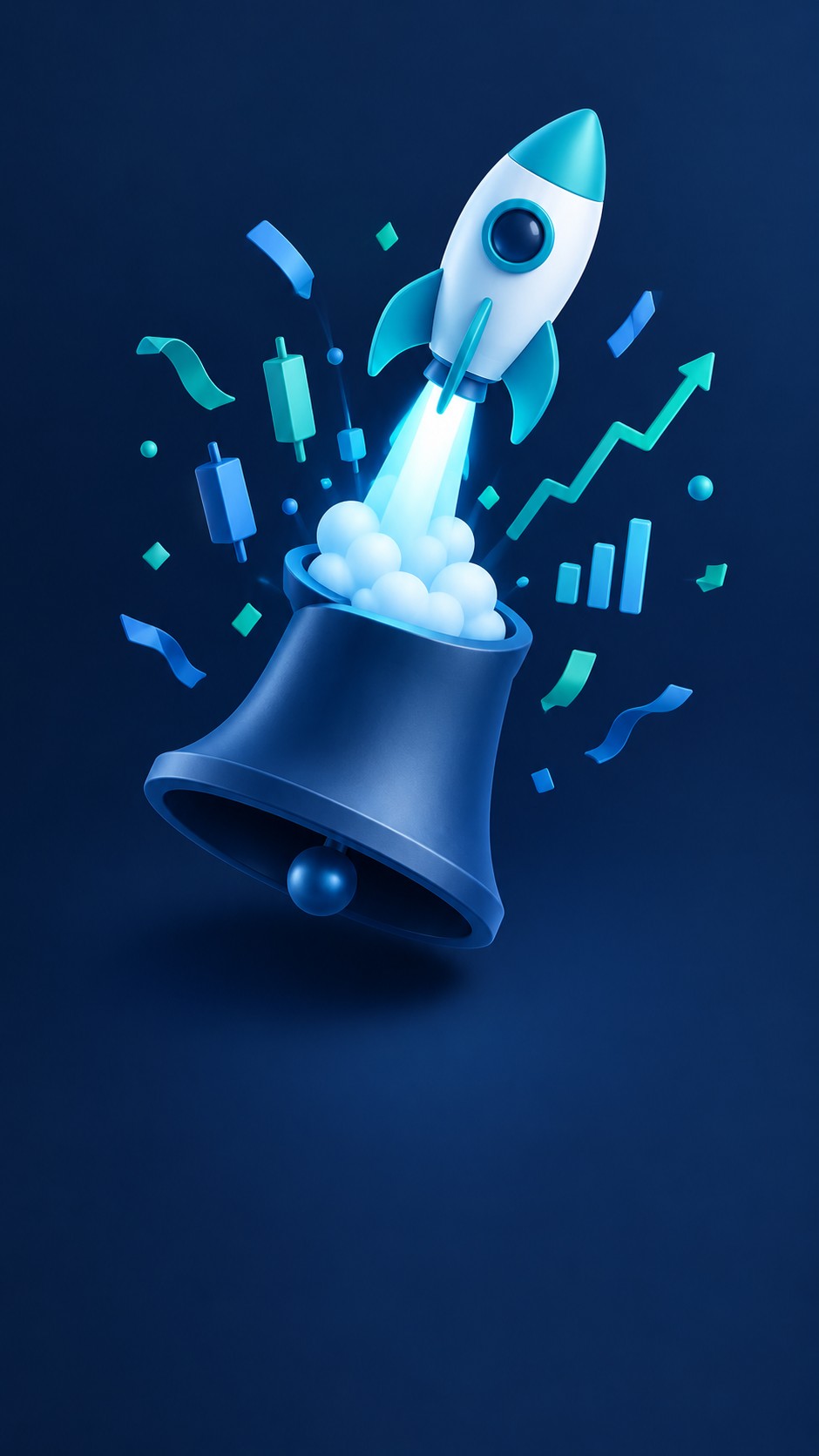 Rocket launching from a bell with confetti of chart lines