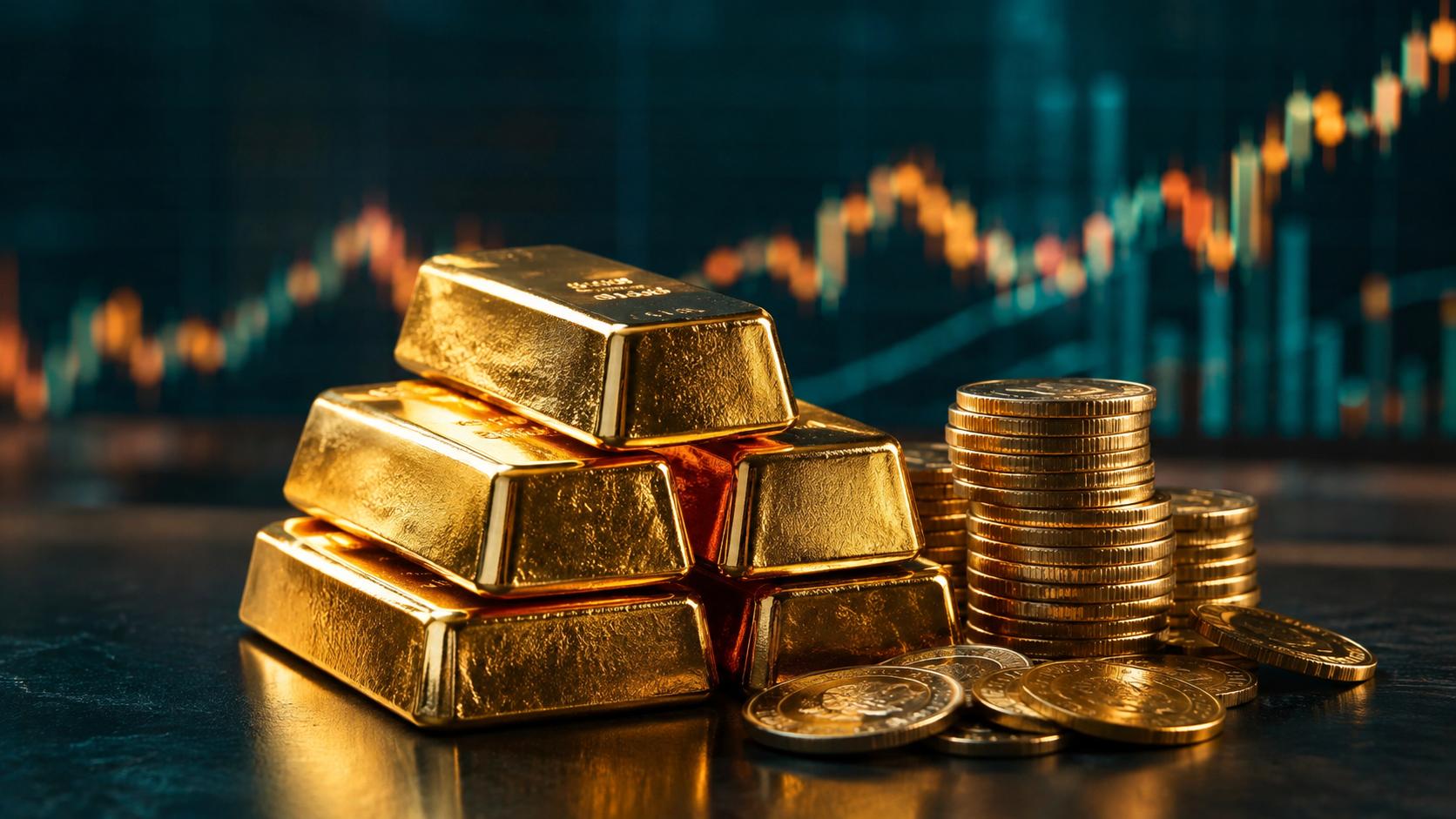 Gold bars next to currency coins with a price chart backdrop
