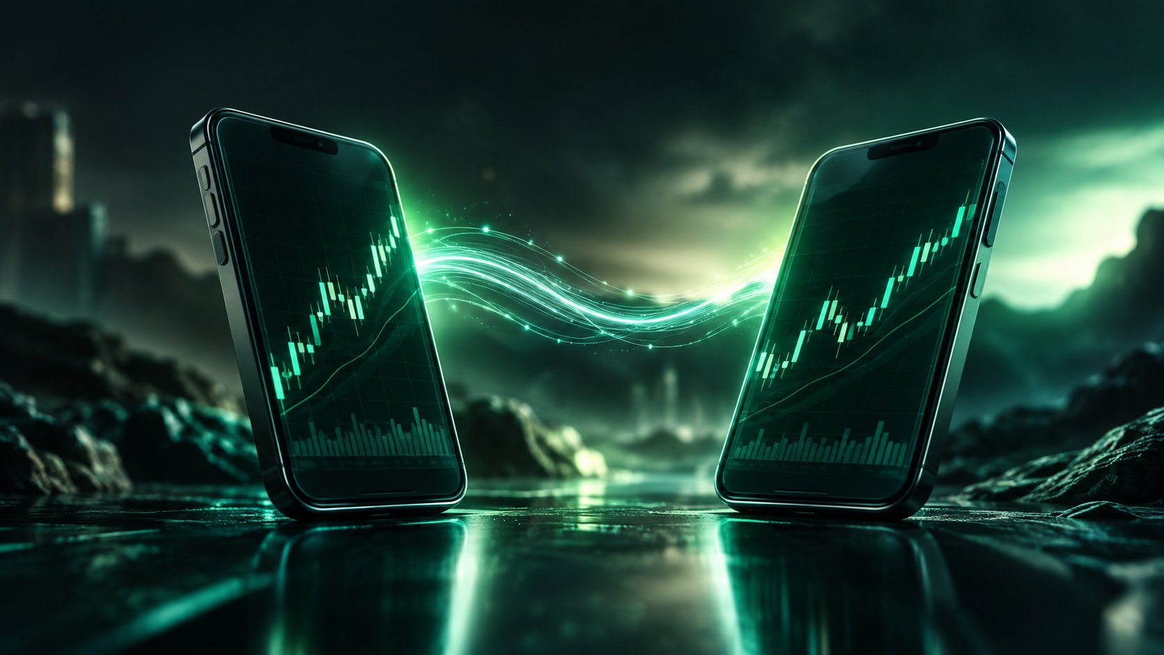 Two phones mirroring the same trade chart connected by light