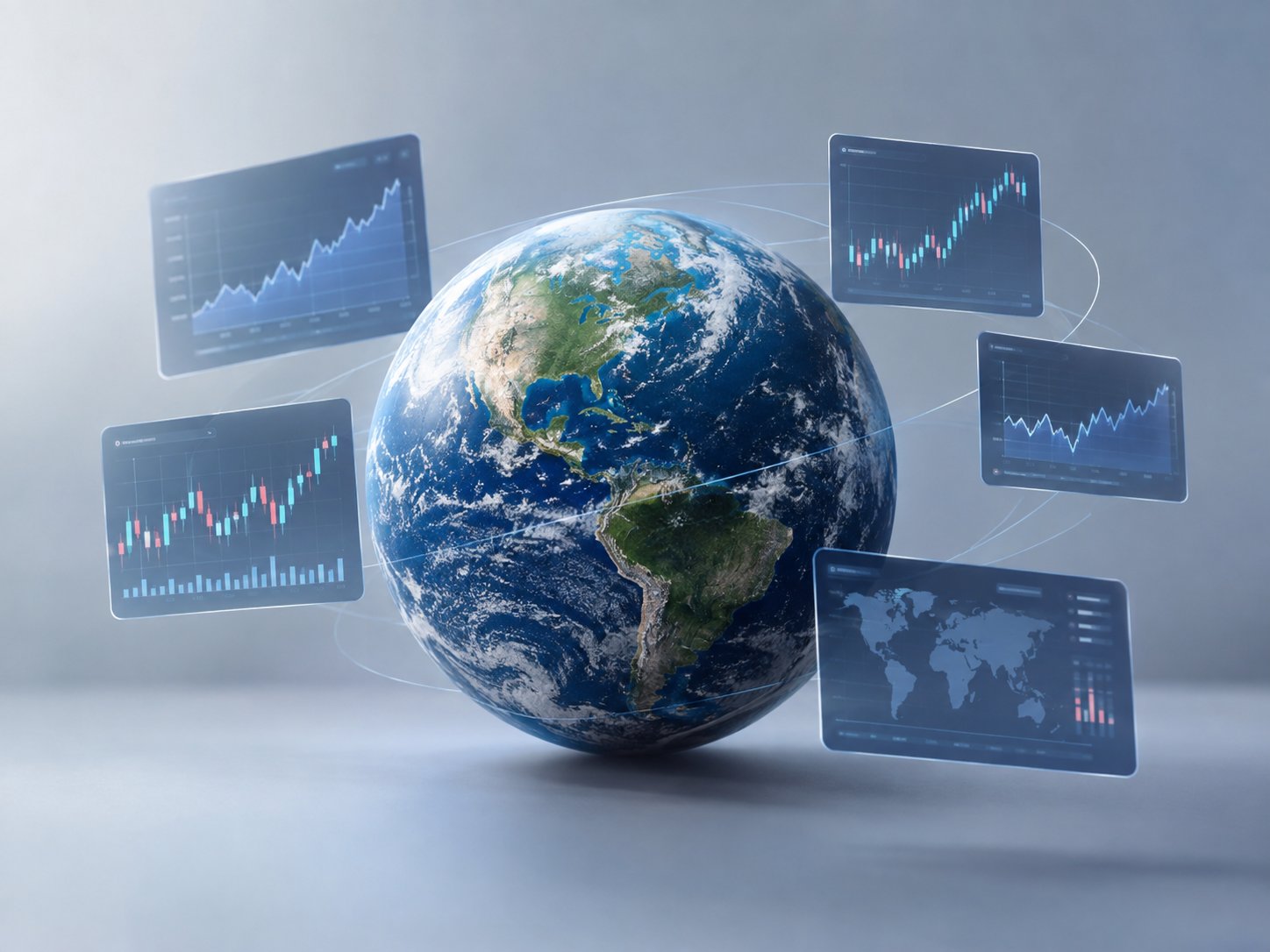 Globe surrounded by floating stock charts from different regions