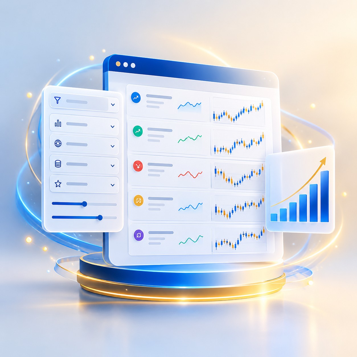 Sleek dashboard with filter panels and a list of stock charts