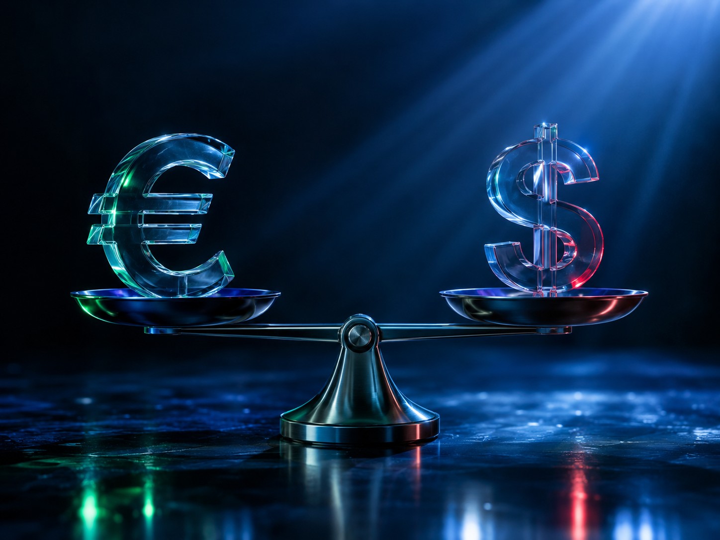 Glass euro symbol and a glass dollar symbol balanced on a sleek scale